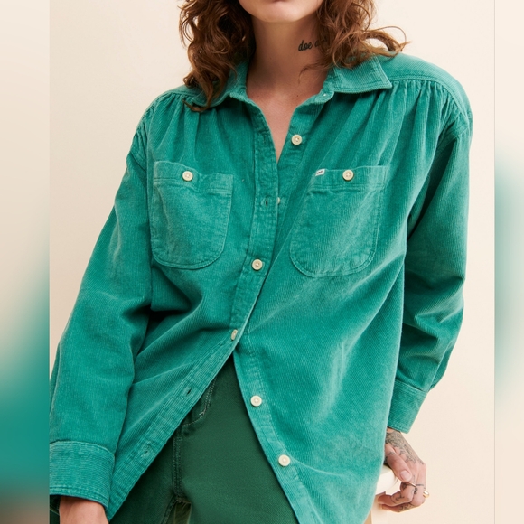 NWT Lee Monaco Green Corduroy Frontier Femme Shirred Button Up Shirt M - Picture 2 of 7